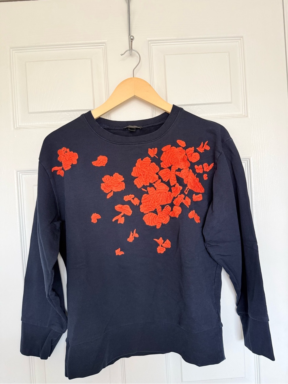 J. Crew Navy Sweatshirt with Bright Red Floral Applique